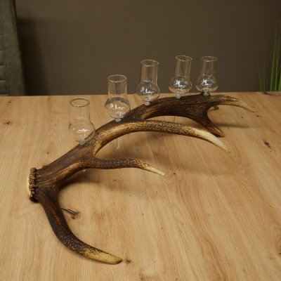 Liqueur Set: 5 Large Stemmed Glasses on a Red Deer Antler Stand – Gift Set 27.60.2.64