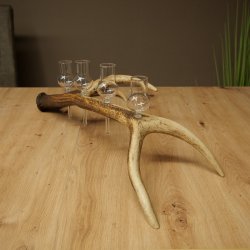 Fournisseur de schnaps : lot de 4 petits verres à pied présentés sur un support en bois de cerf rouge - Cadeau 27.60.2.75