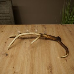 Fournisseur de schnaps : lot de 4 petits verres à pied présentés sur un support en bois de cerf rouge - Cadeau 27.60.2.75