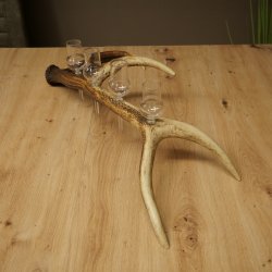 Fournisseur de schnaps : lot de 4 petits verres à pied présentés sur un support en bois de cerf rouge - Cadeau 27.60.2.75