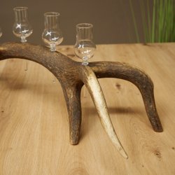 Vendedor de licores: 5 vasitos de cristal con pie, con un cuerno de ciervo rojo, regalo 27.60.2.100