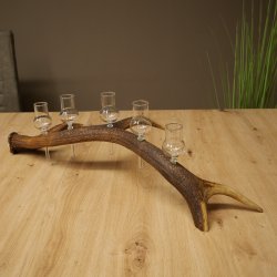 Lot de 5 petits verres à schnaps avec pied, présentés sur un support en bois de cerf rouge - Cadeau 27.60.2.102
