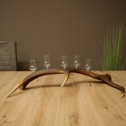 Lot de 5 petits verres à schnaps avec pied, présentés sur un support en bois de cerf rouge - Cadeau 27.60.2.102