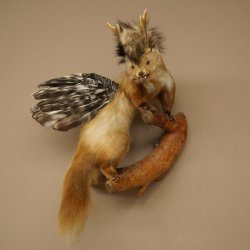 Wolpertinger: criatura mítica, martilla con cuernos de corzo, alas y peinado punk. Modelo «Wolpi». Altura: 59 cm