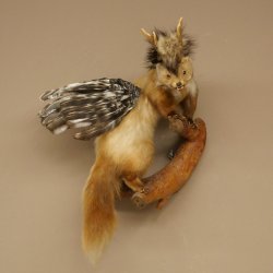 Wolpertinger: criatura mítica, martilla con cuernos de corzo, alas y peinado punk. Modelo «Wolpi». Altura: 59 cm