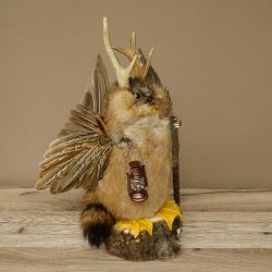 Wolpertinger "Wolpi" Large Muskrat Taxidermy Specimen with Green Eyes, Wings, Antlers, Cane, and Lantern; Height 38 cm; Mythical Creature; Fun Gift; 86.14.14