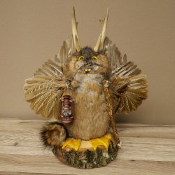 Wolpertinger "Wolpi" Large Muskrat Taxidermy Specimen with Yellow Eyes, Wings, Antlers, Cane, and Lantern; Height 37 cm; Mythical Creature; Fun Gift; 86.14.15