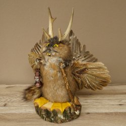 Wolpertinger "Wolpi" Large Muskrat Taxidermy Specimen with Yellow Eyes, Wings, Antlers, Cane, and Lantern; Height 37 cm; Mythical Creature; Fun Gift; 86.14.15