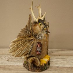 Wolpertinger "Wolpi" Large Muskrat Taxidermy Specimen with Yellow Eyes, Wings, Antlers, Cane, and Lantern; Height 37 cm; Mythical Creature; Fun Gift; 86.14.15
