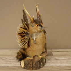Wolpertinger Wolpi Musk Specimen with Stick, Deer Antlers, Orange Eyes, Mythical Creature 86.4.140