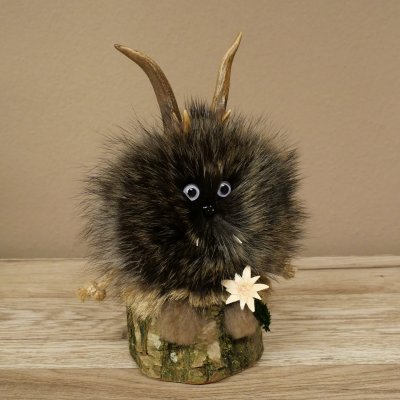 Wolpertinger «Wolpi», modelo mini, sobre base de madera, edelweiss y ojos morados, altura 21 cm, 86.1.3.54