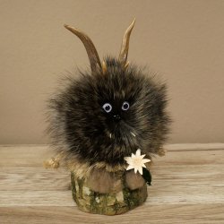 Wolpertinger «Wolpi», modelo mini, sobre base de madera, edelweiss y ojos morados, altura 21 cm, 86.1.3.54