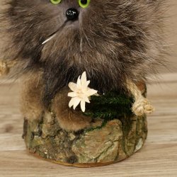 Wolpertinger «Wolpi», modelo mini, sobre base de madera, con flor de las nieves y ojos verdes. Altura: 23 cm. 86.1.3.56