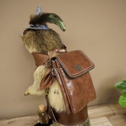Wolpertinger, marmotte, randonneur : spécimen empaillé avec chapeau, sac à dos, foulard, bâton et gourde