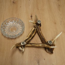 Posacenere a forma di ciotola di vetro su supporto composto da tre asticelle; posacenere a forma di corna di capriolo e cinghiale