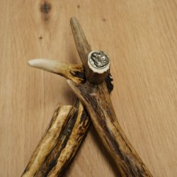 Posacenere a forma di ciotola di vetro su supporto composto da tre asticelle; posacenere a forma di corna di capriolo e cinghiale