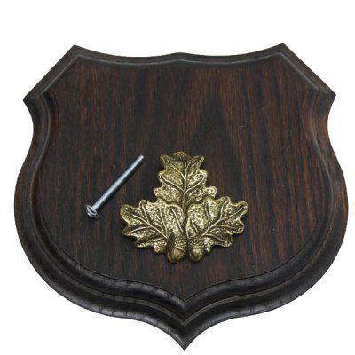 1x Wappenschild Wildschwein Trophäenschild Wappenform, AF 15cm, mit Eichenlaub Deckblatt massiv + klein
