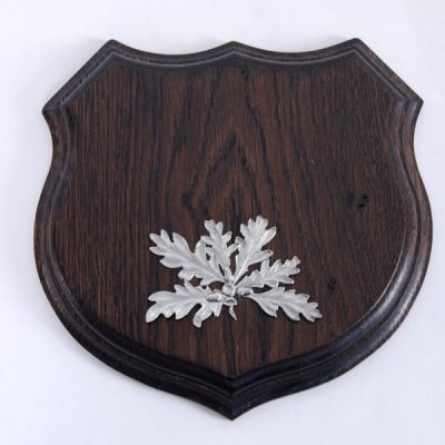 1x Wappenschild Wildschwein Troph&auml;enschild Wappenform, AF 15cm, mit Eichenlaub Deckblatt silberfarben