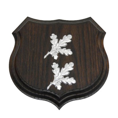 1x Wappenschild Wildschwein Trophäenschild Wappenform, AF 15cm, mit 2 Stück Eichenlaub Deckblatt einfach