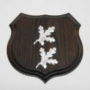 1x Wappenschild Wildschwein Trophäenschild Wappenform, AF 15cm, mit 2 Stück Eichenlaub Deckblatt einfach