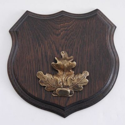 1x Wappenschild Wildschwein Troph&auml;enschild Wappenform, AF 17cm, mit Eichenlaub Deckblatt massiv + gro&szlig;