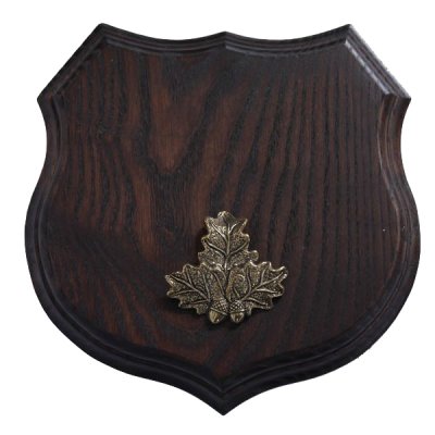 1x Wappenschild Wildschwein Troph&auml;enschild Wappenform, AF 19cm, mit Eichenlaub Deckblatt massiv + klein
