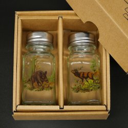 Zout- en peperstrooier SET met gekleurd jachtmotief wild zwijn en hert