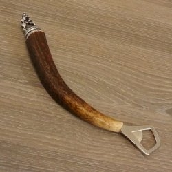 Flaschenöffner mit Hirsch Geweih Stange Hirschhorn Griff mit Endkappe Verzierung Hirsch stehend GL23cm #27.19.7.13