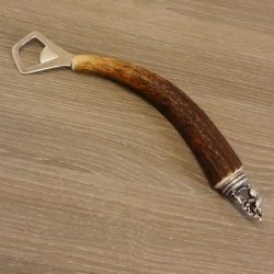 Flaschenöffner mit Hirsch Geweih Stange Hirschhorn Griff mit Endkappe Verzierung Hirsch stehend GL23cm #27.19.7.13