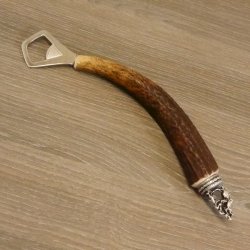 Flaschenöffner mit Hirsch Geweih Stange Hirschhorn Griff mit Endkappe Verzierung Hirsch stehend GL23cm #27.19.7.13