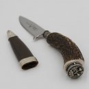 Messer mit Lederscheide Jagdmesser Hirschfänger Hirsch Horn Stange Hirschhorn Griff mit Endkappe Verzierung Eichenlaub Wappen Länge 23cm #27.20.5.4