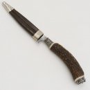 Messer mit Lederscheide Jagdmesser Hirschfänger Hirsch Horn Stange Hirschhorn Griff mit Endkappe Verzierung Eichenlaub Wappen Länge 23cm #27.20.5.4