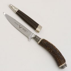 Messer mit Lederscheide Jagdmesser Hirschfänger Hirsch Horn Stange Hirschhorn Griff mit Endkappe Verzierung Eichenlaub Wappen Länge 23cm #27.20.5.4