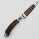 Messer mit Lederscheide Jagdmesser Hirschfänger Hirsch Horn Stange Hirschhorn Griff mit Endkappe Verzierung Edelweiss Wappen Länge 23,5cm #27.20.9.3