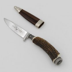 Messer mit Lederscheide Jagdmesser Hirschfänger Hirsch Horn Stange Hirschhorn Griff mit Endkappe Verzierung Edelweiss Wappen Länge 23,5cm #27.20.9.3