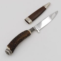 Messer mit Lederscheide Jagdmesser Hirschfänger Hirsch Horn Stange Hirschhorn Griff mit Endkappe Verzierung Edelweiss Wappen Länge 23,5cm #27.20.9.3