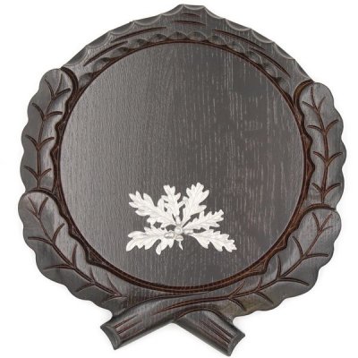 Keilerschild geschnitzt dunkel AF 19 cm mit 1 Stück 6-blättrigen Eichenlaub Deckblatt Keilerbrett Gewaffbrett Trophäenschild