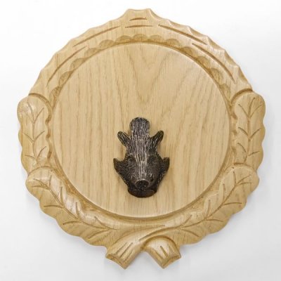 Keilerschild geschnitzt Eiche hell AF 14 cm mit 1 Stück Keiler Kopf Deckblatt klein Keilerbrett Gewaffbrett Trophäenschild