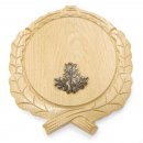 Keilerschild geschnitzt Eiche hell AF 17,5 cm mit 1 Stück Eichenlaub Deckblatt klein Keilerbrett Gewaffbrett Trophäenschild