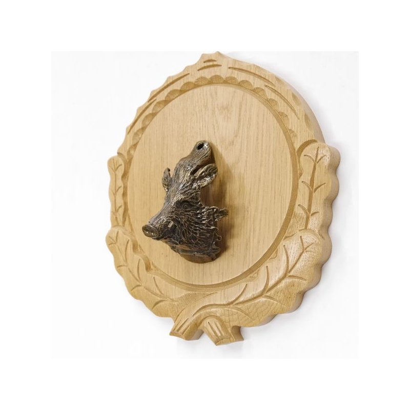 Keilerschild Geschnitzt Aus Eiche Dunkel – Trophäenschild Für Wildschwein-Waffen (Aufsatzfläche 16 Cm)