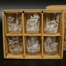 6-delige set schnapsglazen "kort" met jachtmotief in wit glas