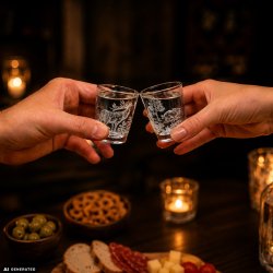Juego de 6 vasos de chupito «cortos» con motivo de caza en vidrio blanco