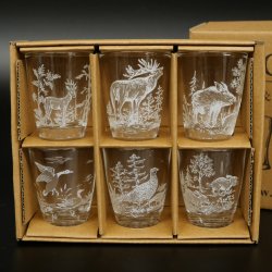 6-delige set schnapsglazen "kort" met jachtmotief in wit glas
