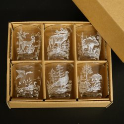 6-delige set schnapsglazen "kort" met jachtmotief in wit glas