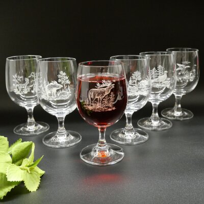 6 Stück Wein Gläser Weinglas Set mit Jagdmotiv