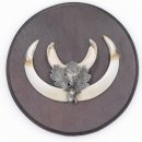 1 Stück Wildschwein Keilerwaffe mit Eichenlaub Verzierung Trophäe Keiler Gewaff Hauer Länge 13,5 cm