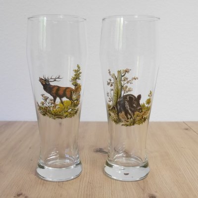 2 teiliges Weizengl&auml;ser Set mit farbigen Motiv Wildschwein &amp; Hirsch im Geschenkkarton Bierglas Bier Glas