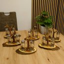 Salz + Pfeffer Streuer Menagen Set mit farbigen Jagdmotiv auf Akazienschild mit Rehbock Stange als Griff #27.40.1.1