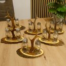 Salz + Pfeffer Streuer Menagen Set mit farbigen Jagdmotiv auf Akazienschild mit Rehbock Stange als Griff #27.40.1.1