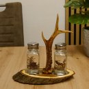 Salz + Pfeffer Streuer Menagen Set mit farbigen Jagdmotiv auf Akazienschild mit Rehbock Stange als Griff #27.40.1.1